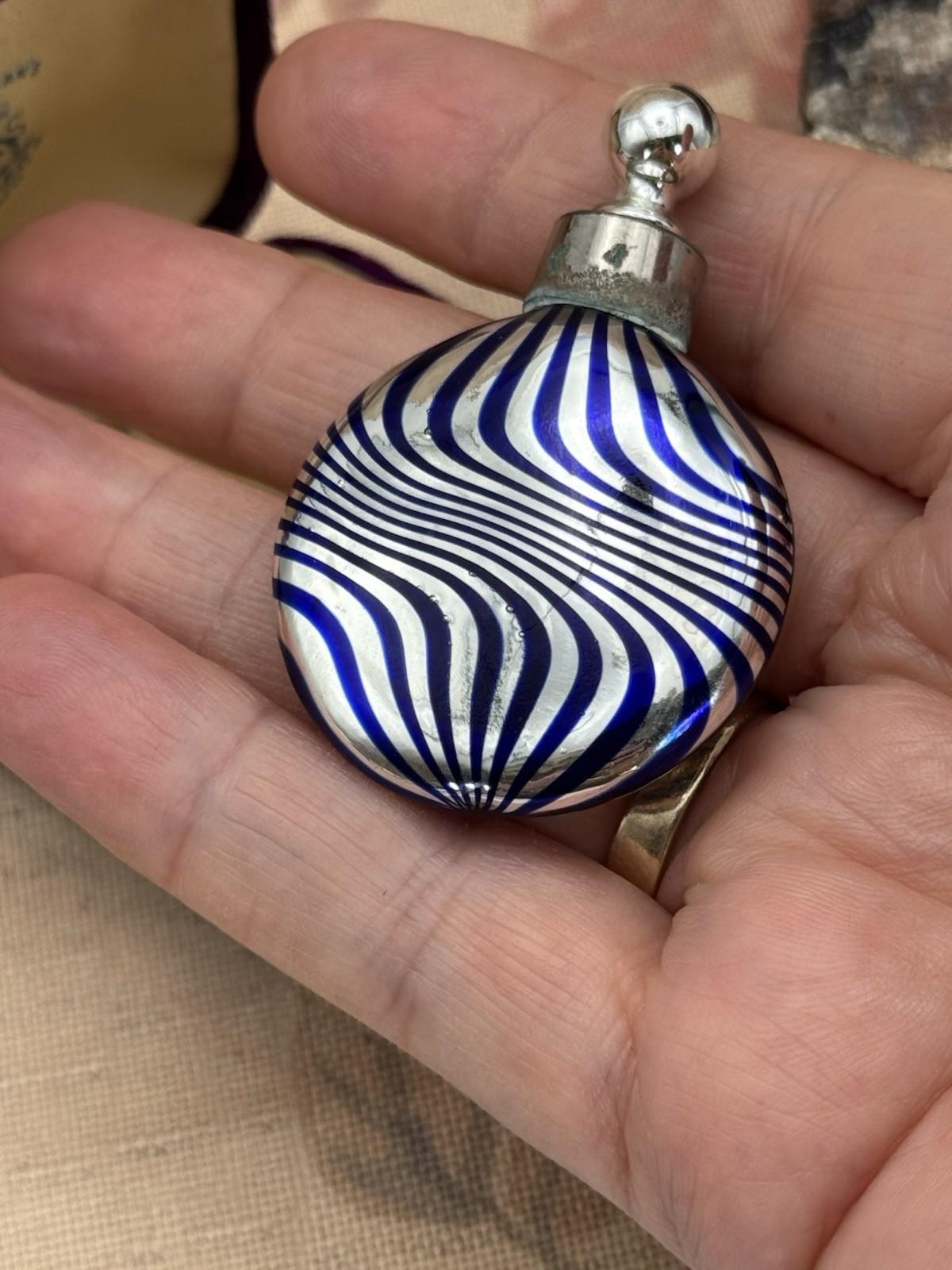 Vintage Cobalt Blue & Silver Swirl Perfume Bottle with Stopper 2.25”