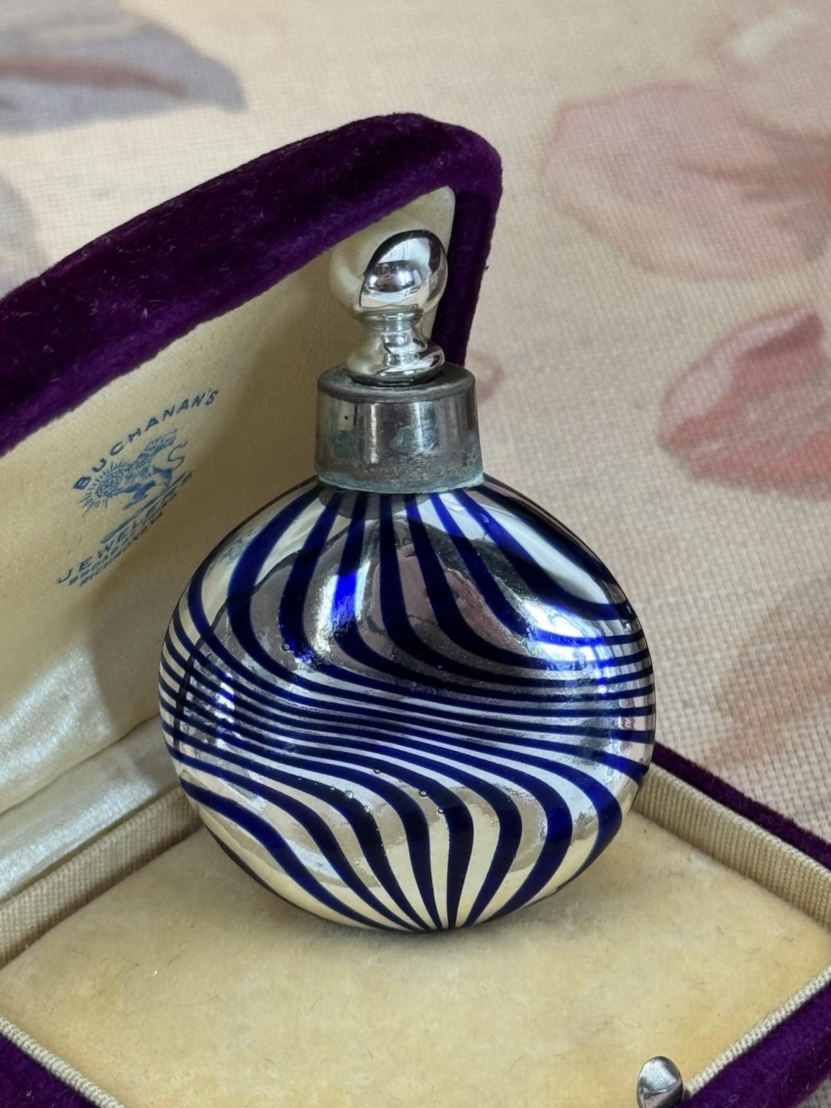 Vintage Cobalt Blue & Silver Swirl Perfume Bottle with Stopper 2.25”