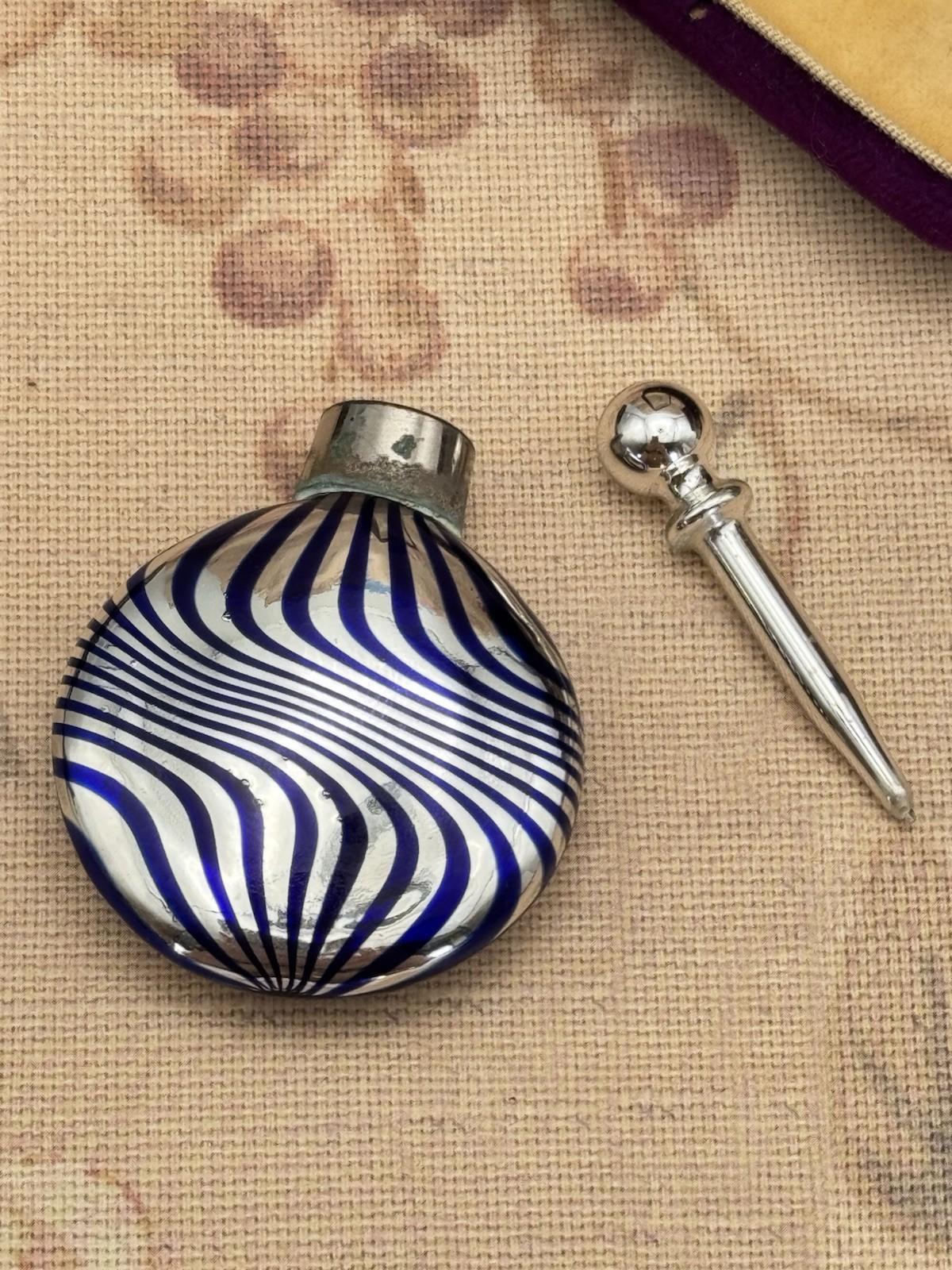 Vintage Cobalt Blue & Silver Swirl Perfume Bottle with Stopper 2.25”