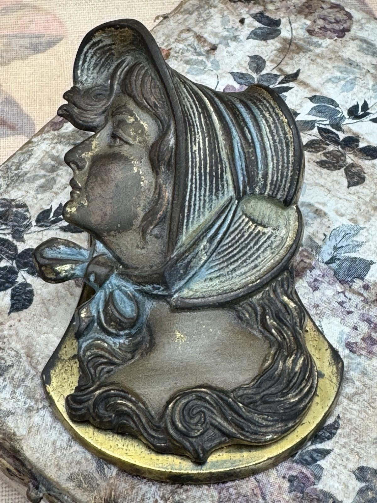 Antique JUDD Cast Iron Desk Clip – Lady in Bonnet Portrait, No. 5241