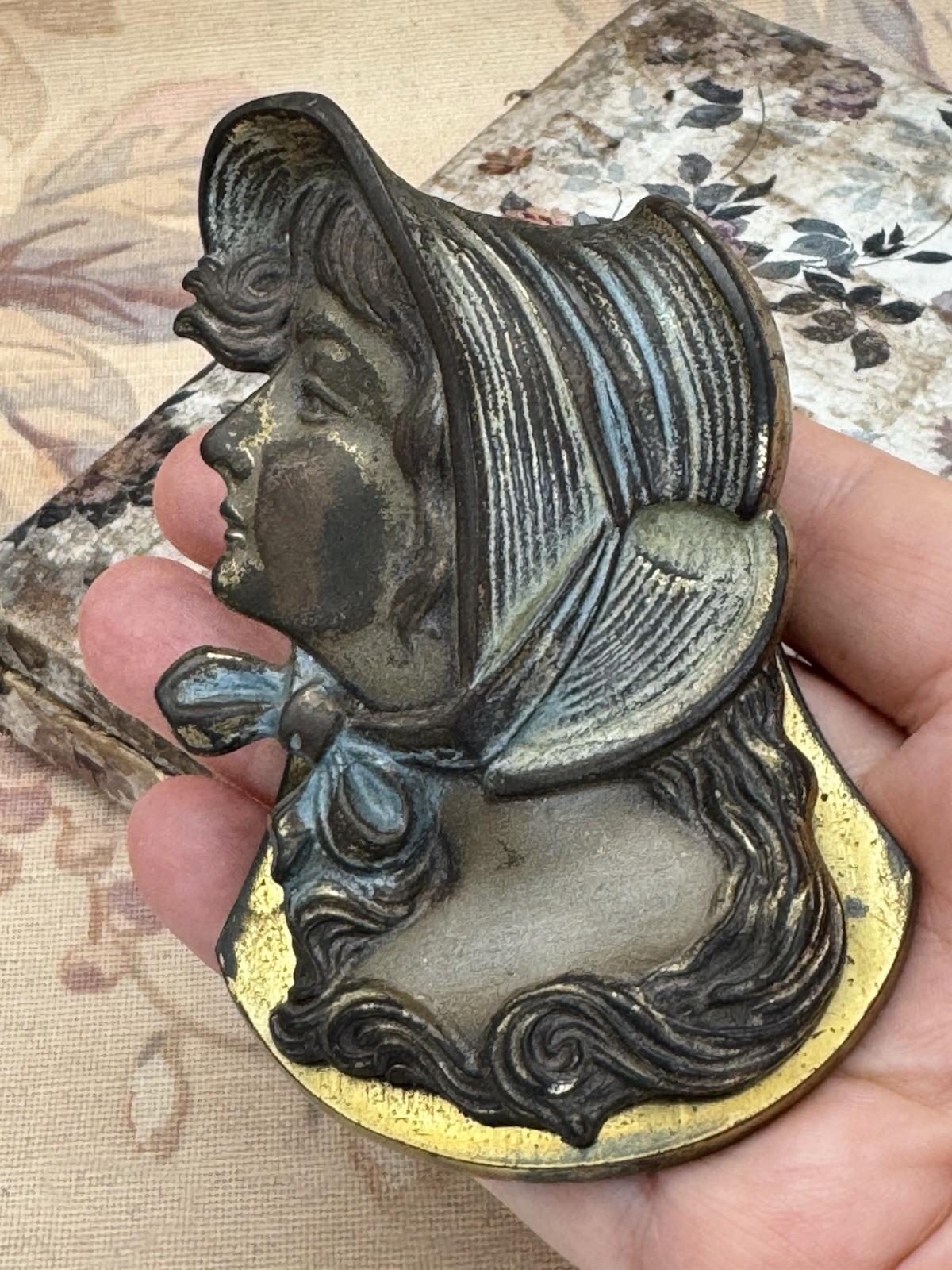 Antique JUDD Cast Iron Desk Clip – Lady in Bonnet Portrait, No. 5241