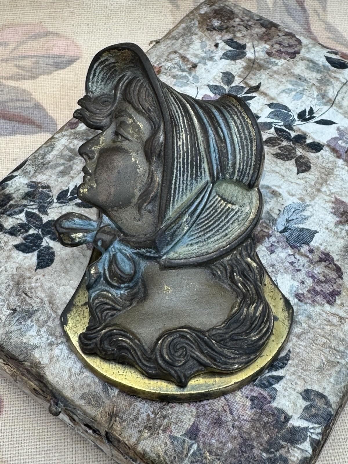 Antique JUDD Cast Iron Desk Clip – Lady in Bonnet Portrait, No. 5241