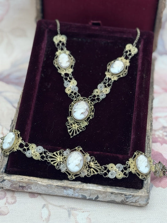 Antique Cameo Necklace & Bracelet Set – Silvertone Filigree with Goldwash