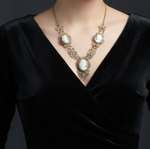 Antique Cameo Necklace & Bracelet Set – Silvertone Filigree with Goldwash