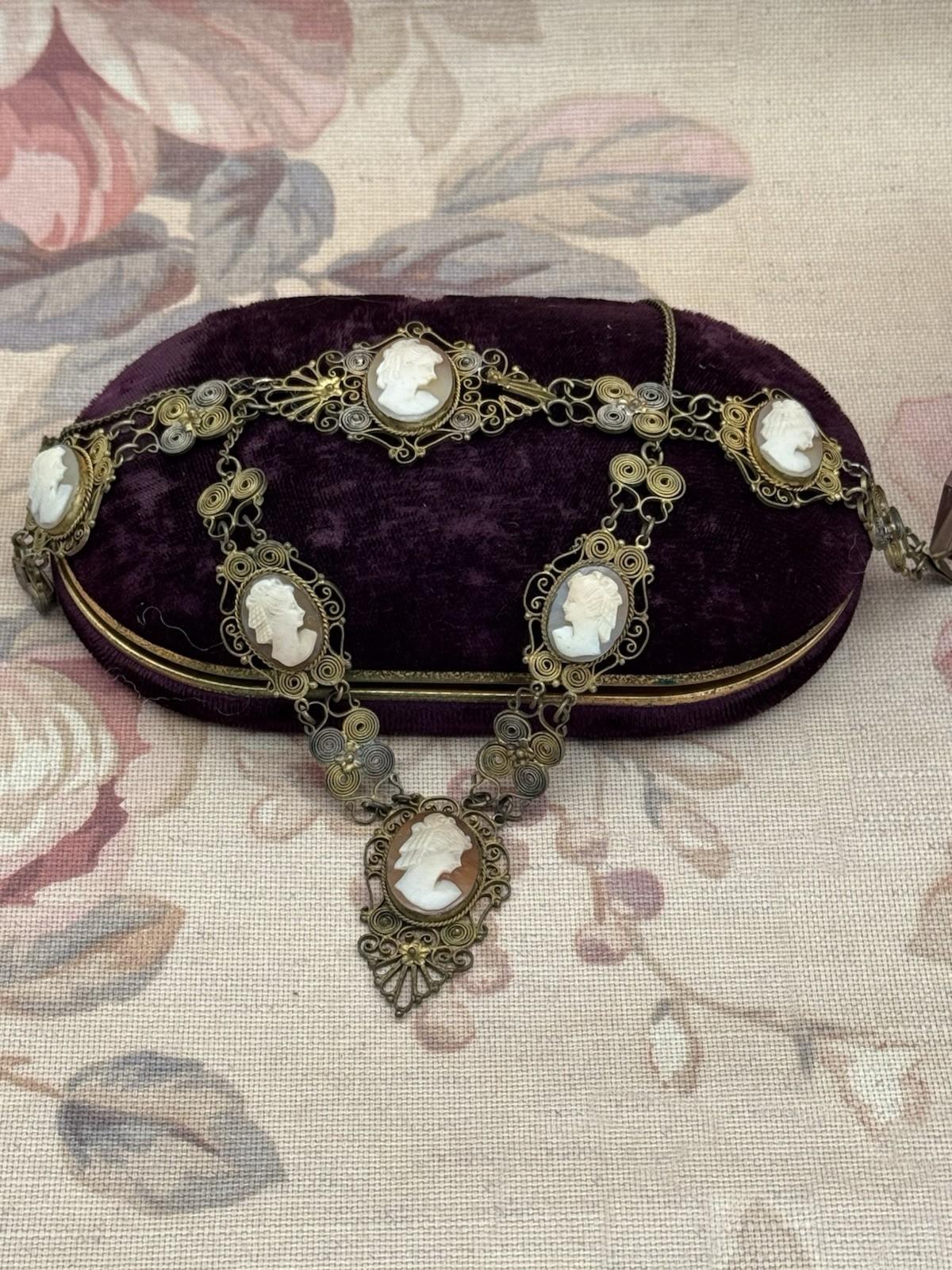 Antique Cameo Necklace & Bracelet Set – Silvertone Filigree with Goldwash