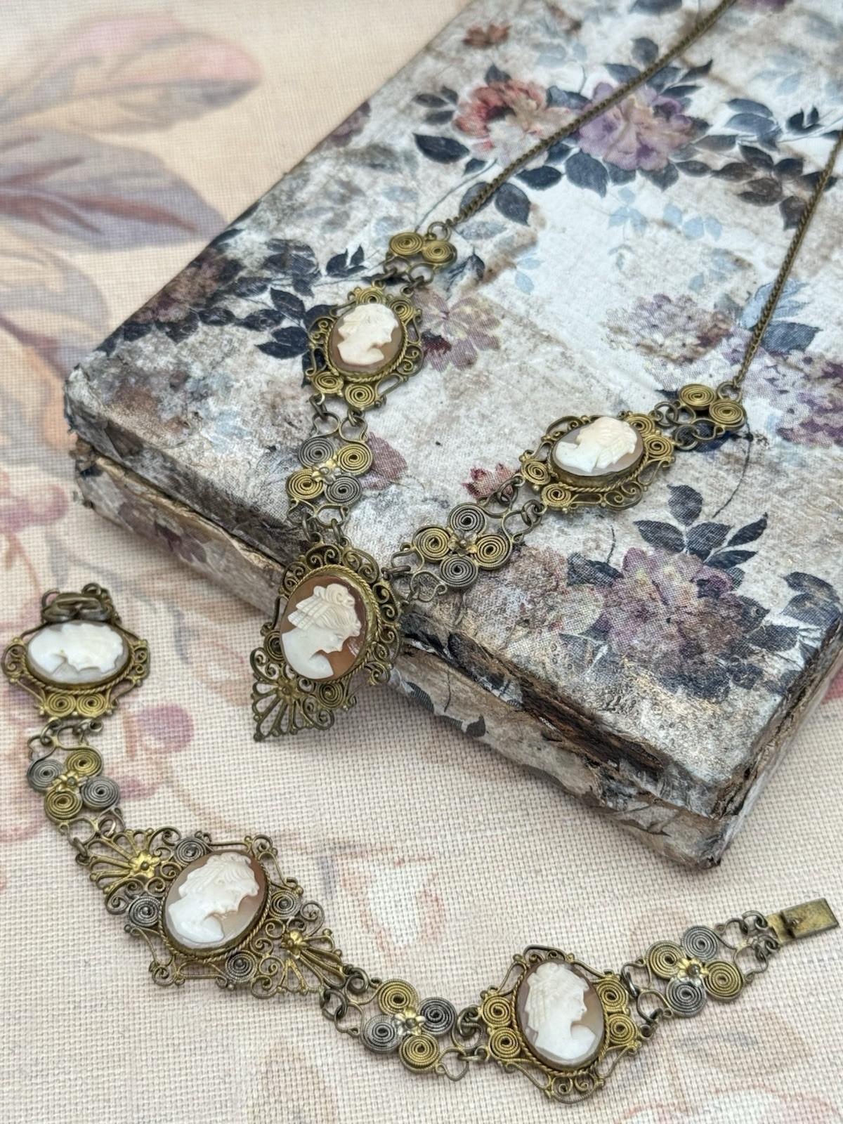 Antique Cameo Necklace & Bracelet Set – Silvertone Filigree with Goldwash