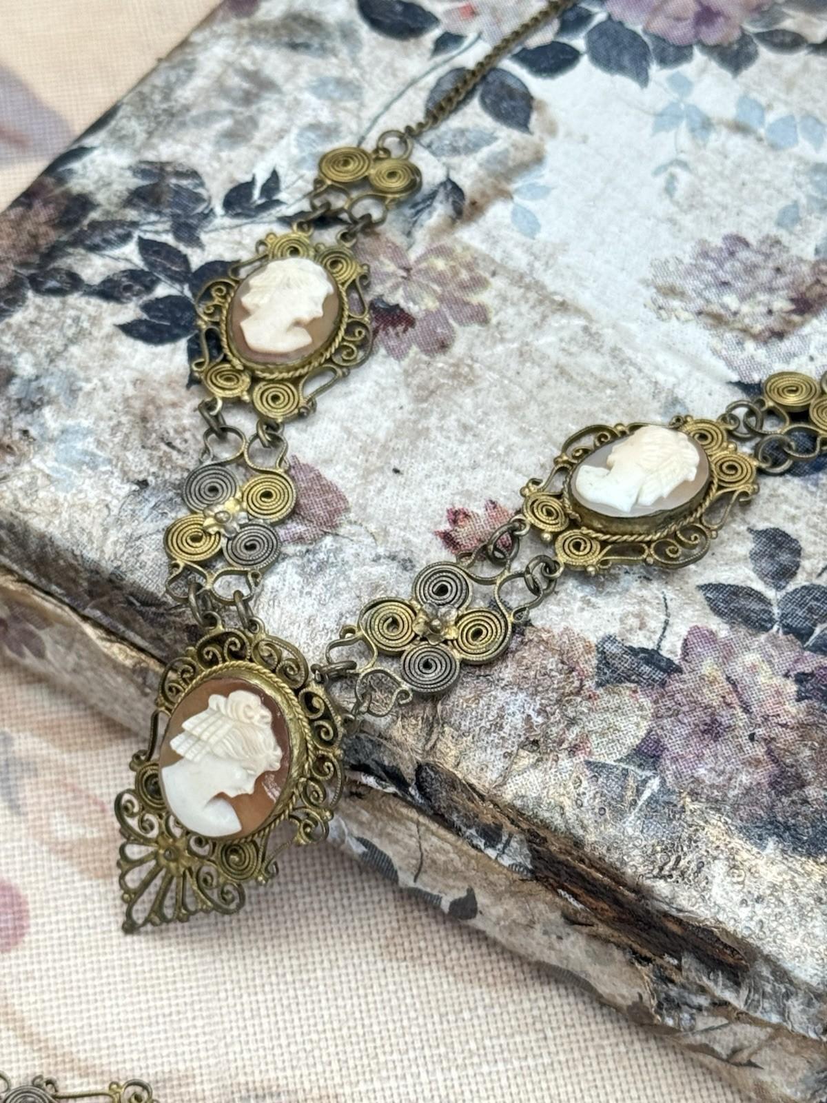 Antique Cameo Necklace & Bracelet Set – Silvertone Filigree with Goldwash
