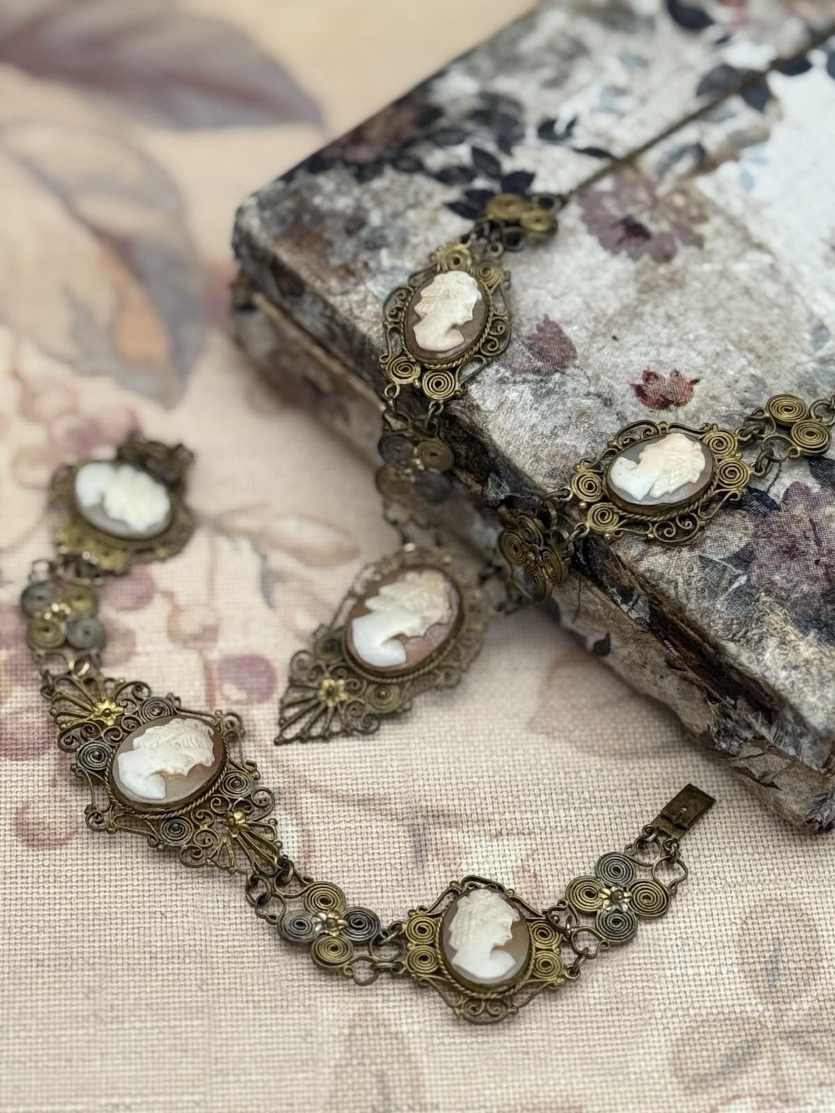 Antique Cameo Necklace & Bracelet Set – Silvertone Filigree with Goldwash