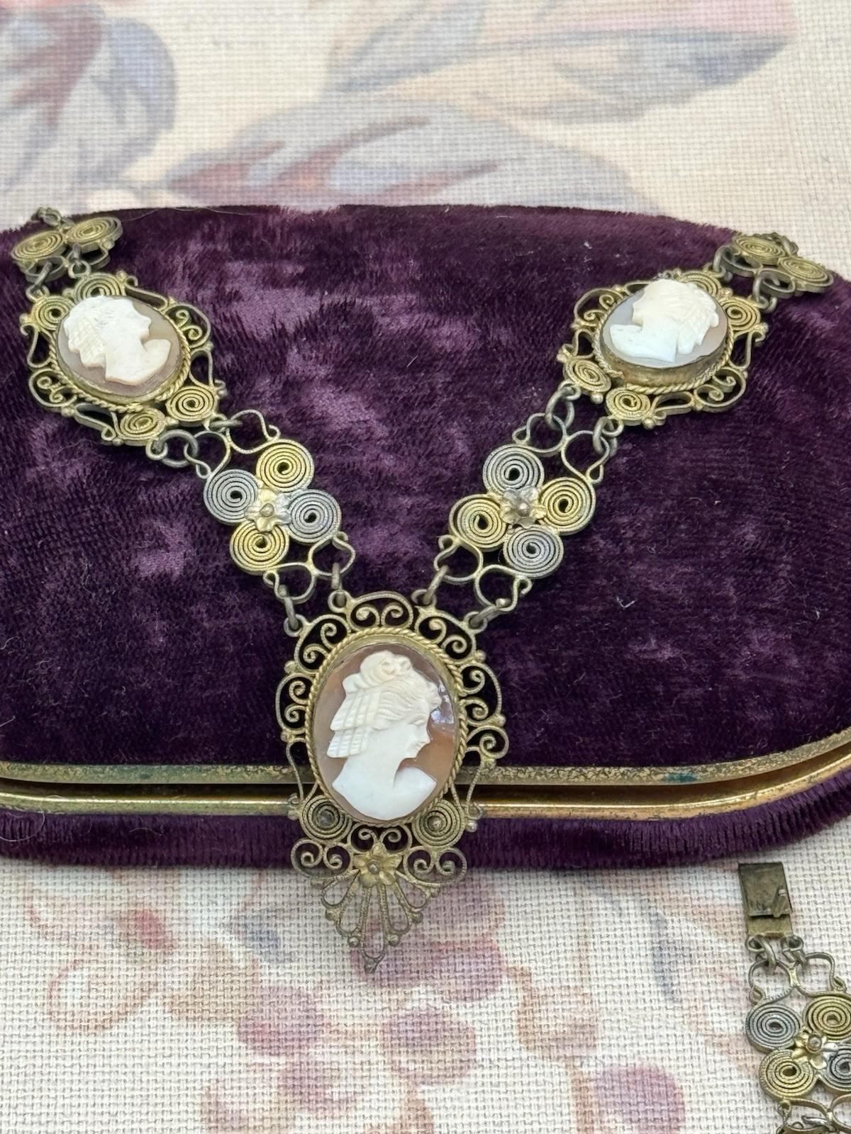 Antique Cameo Necklace & Bracelet Set – Silvertone Filigree with Goldwash