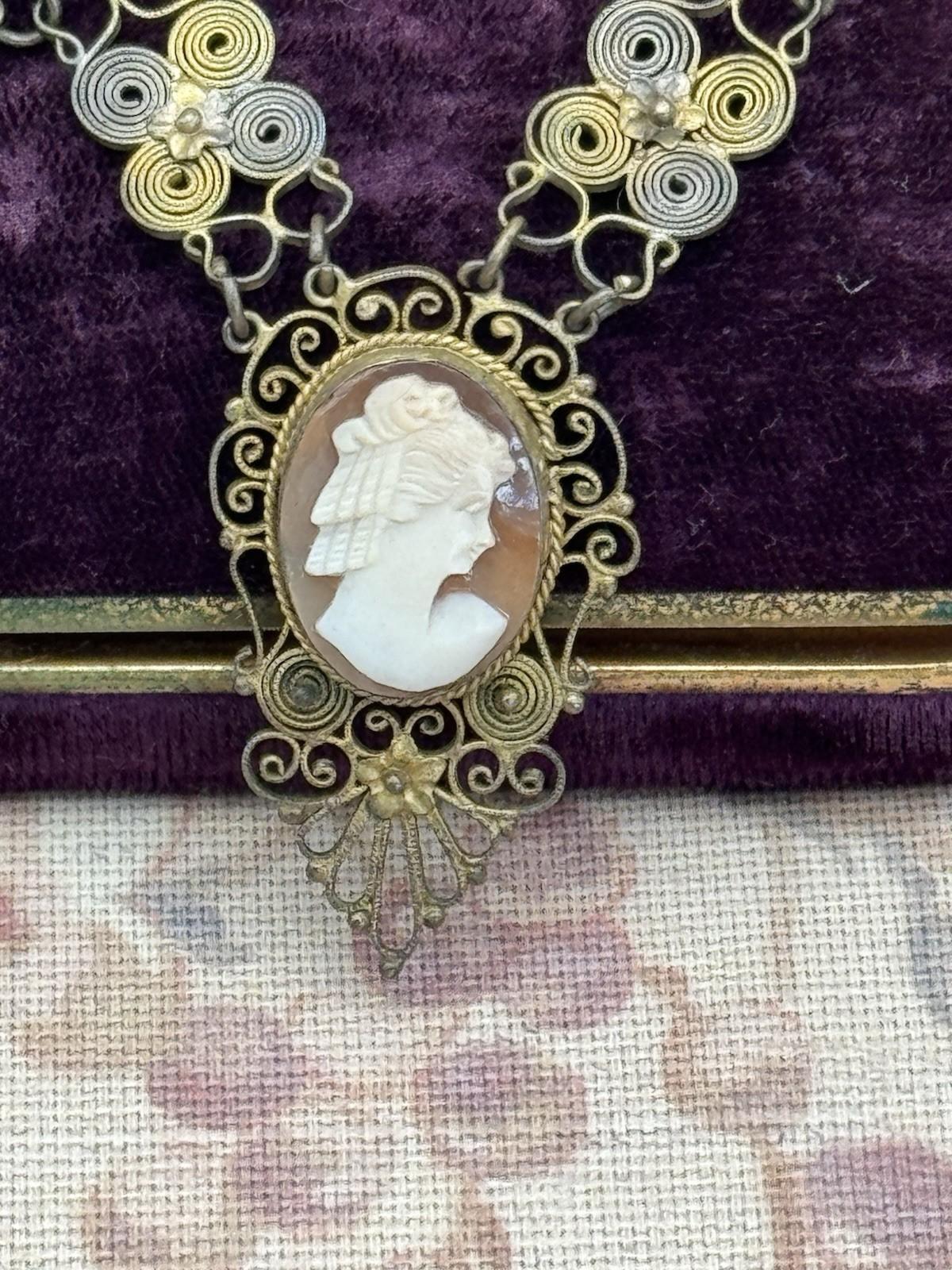 Antique Cameo Necklace & Bracelet Set – Silvertone Filigree with Goldwash