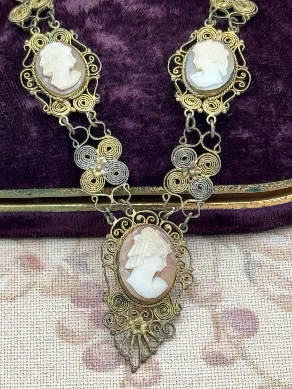 Antique Cameo Necklace & Bracelet Set – Silvertone Filigree with Goldwash