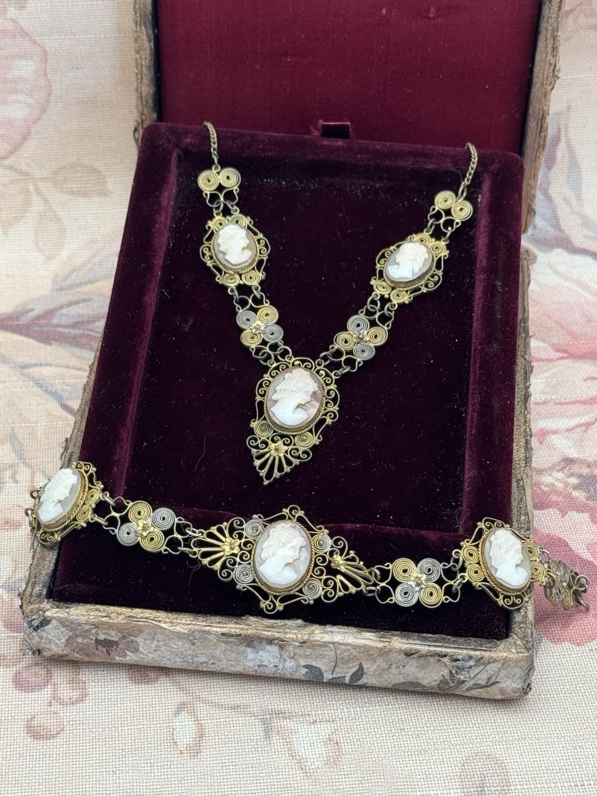 Antique Cameo Necklace & Bracelet Set – Silvertone Filigree with Goldwash