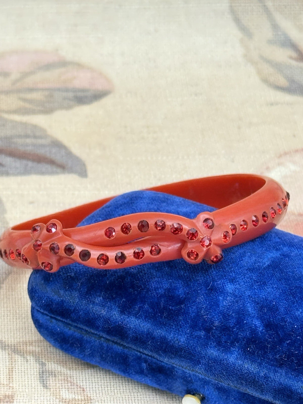 Vintage Red Celluloid Rhinestone Bangle Bracelet – 8” Diameter, .43” Wide