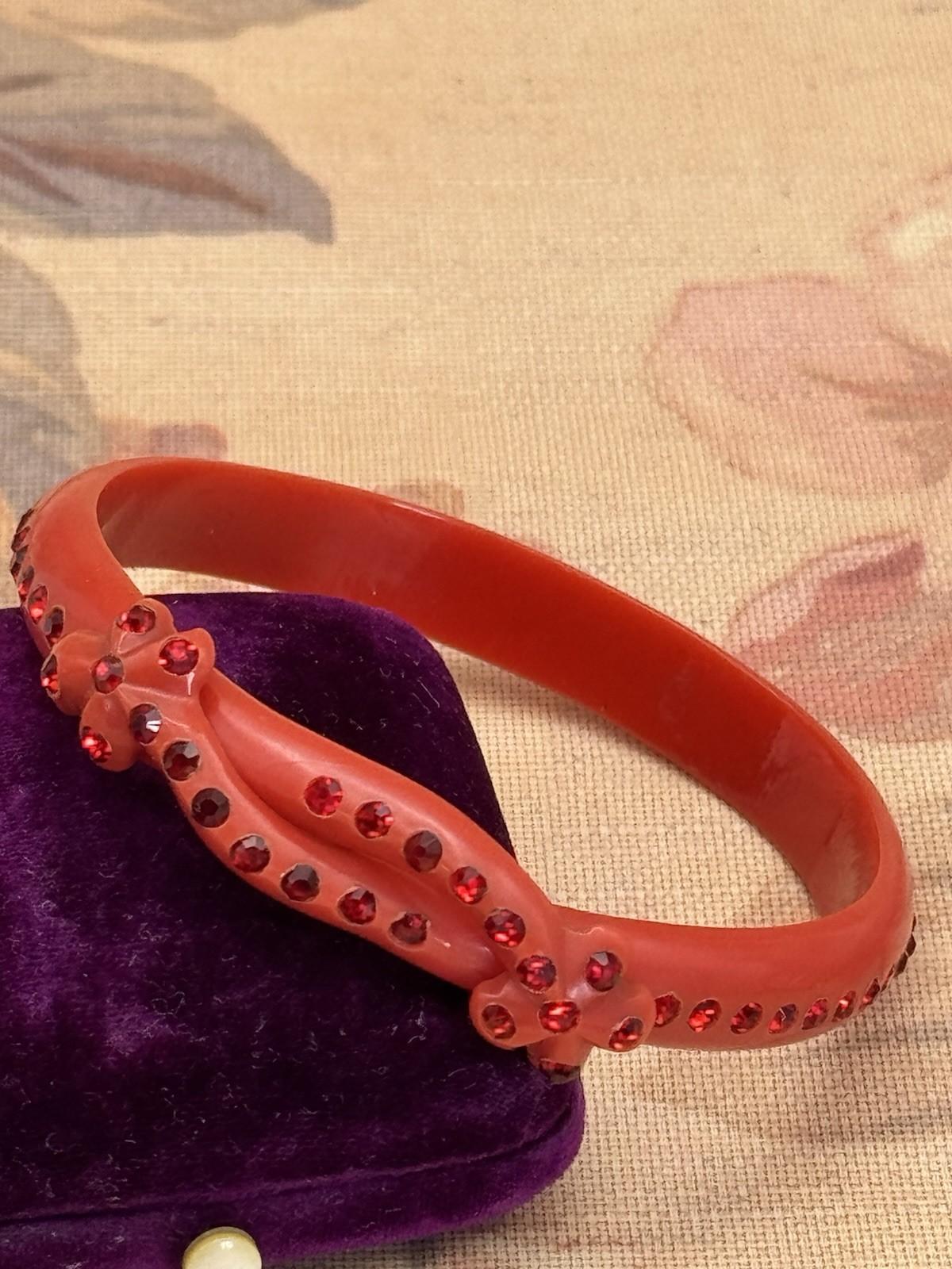 Vintage Red Celluloid Rhinestone Bangle Bracelet – 8” Diameter, .43” Wide