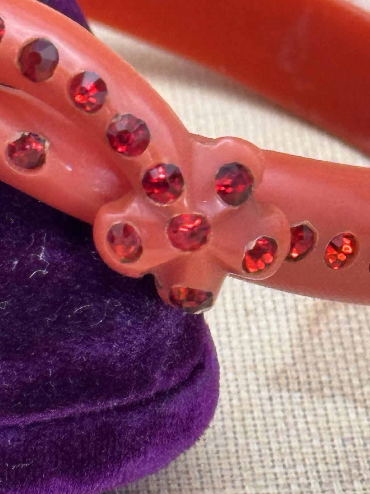 Vintage Red Celluloid Rhinestone Bangle Bracelet – 8” Diameter, .43” Wide