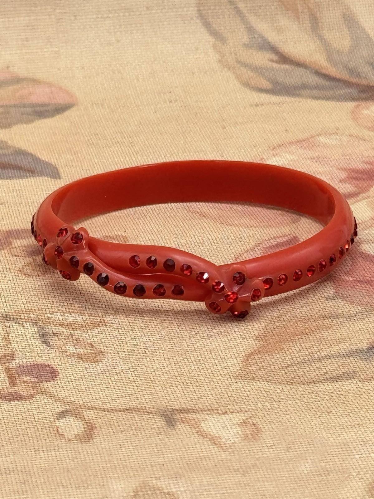 Vintage Red Celluloid Rhinestone Bangle Bracelet – 8” Diameter, .43” Wide