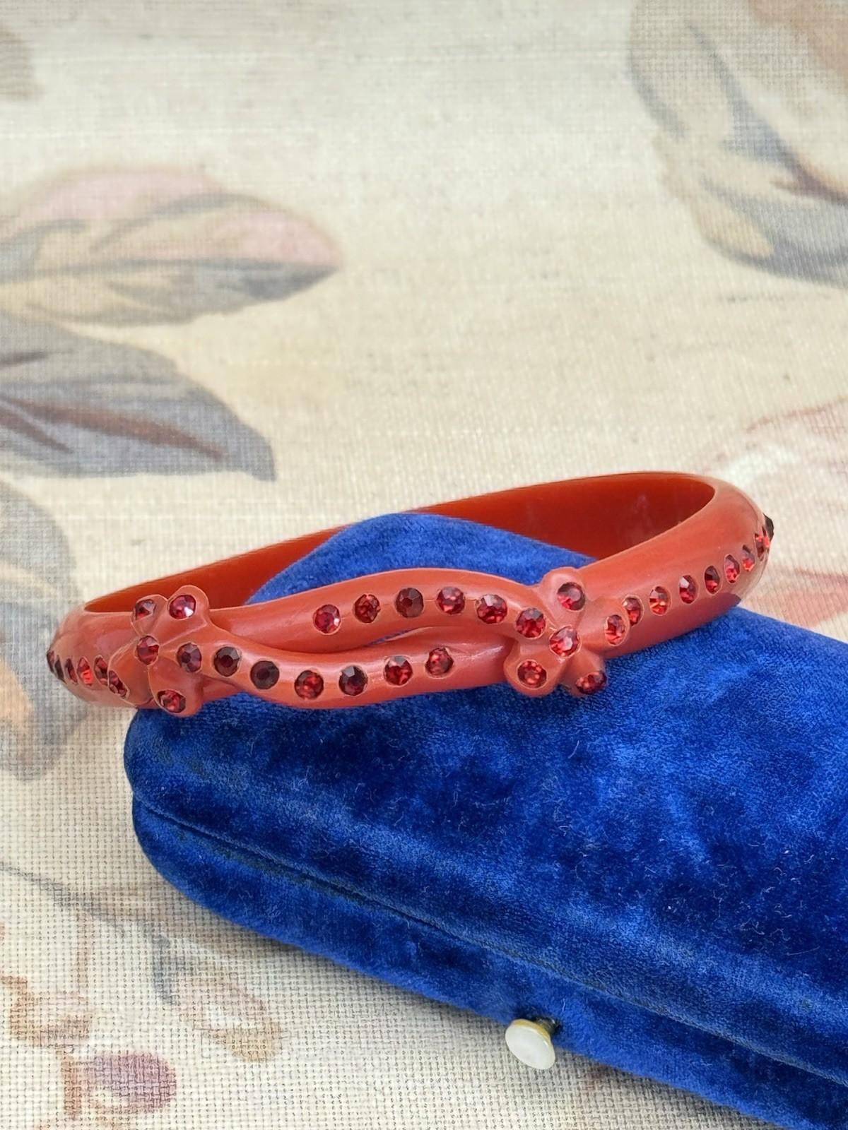 Vintage Red Celluloid Rhinestone Bangle Bracelet – 8” Diameter, .43” Wide
