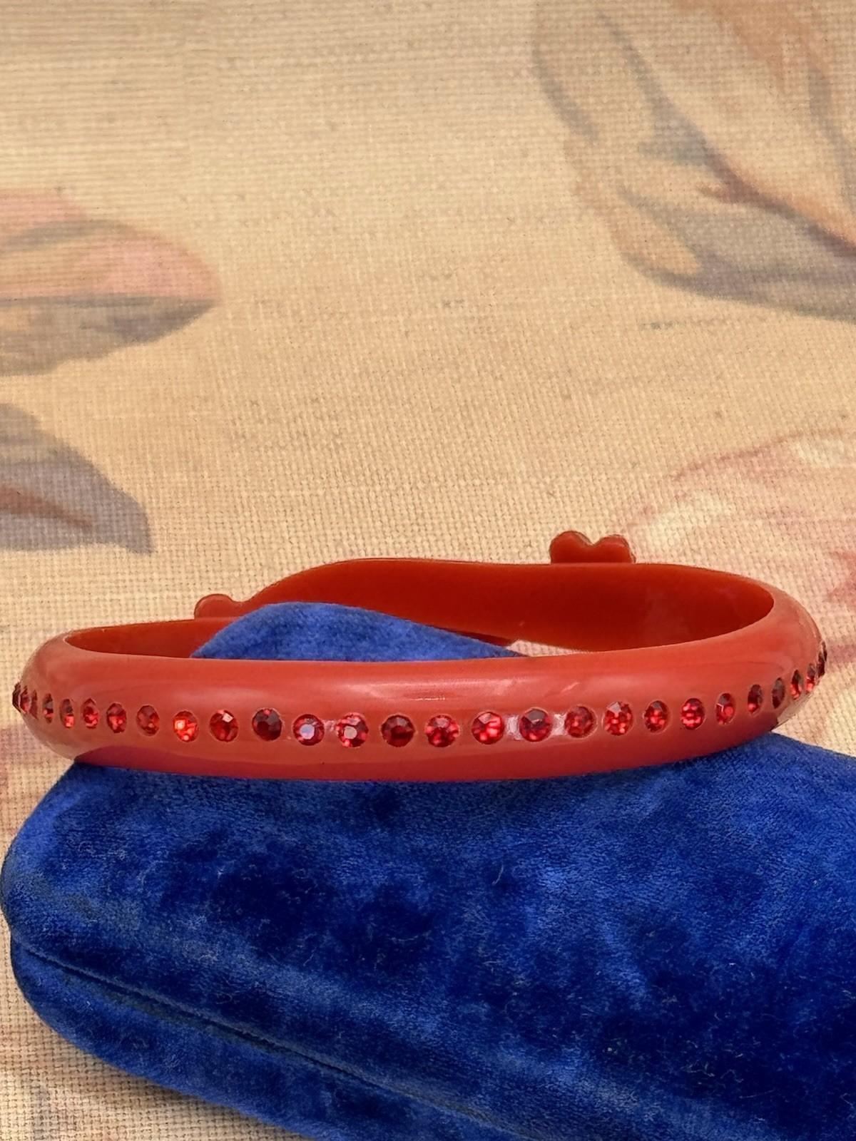 Vintage Red Celluloid Rhinestone Bangle Bracelet – 8” Diameter, .43” Wide