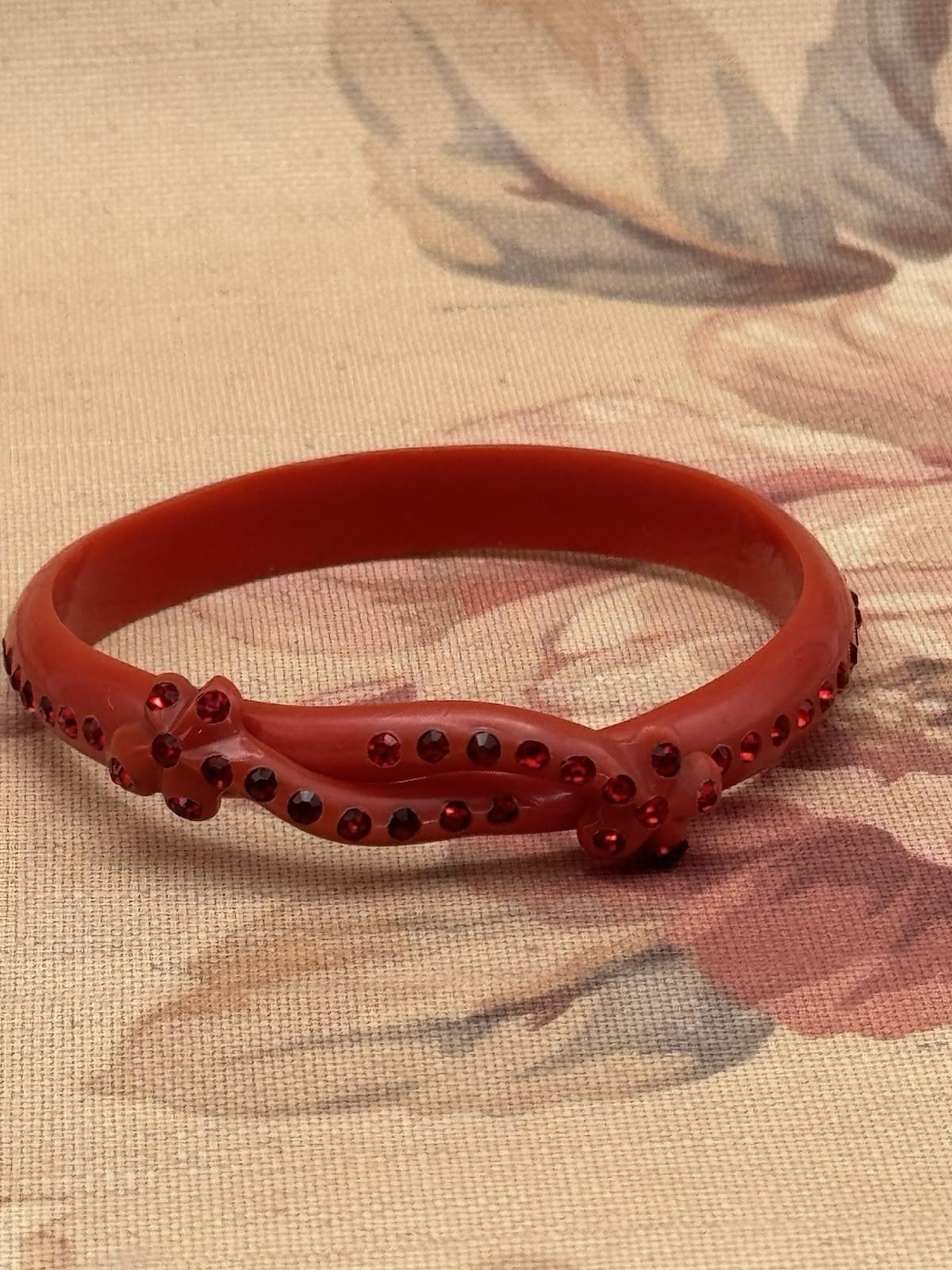 Vintage Red Celluloid Rhinestone Bangle Bracelet – 8” Diameter, .43” Wide