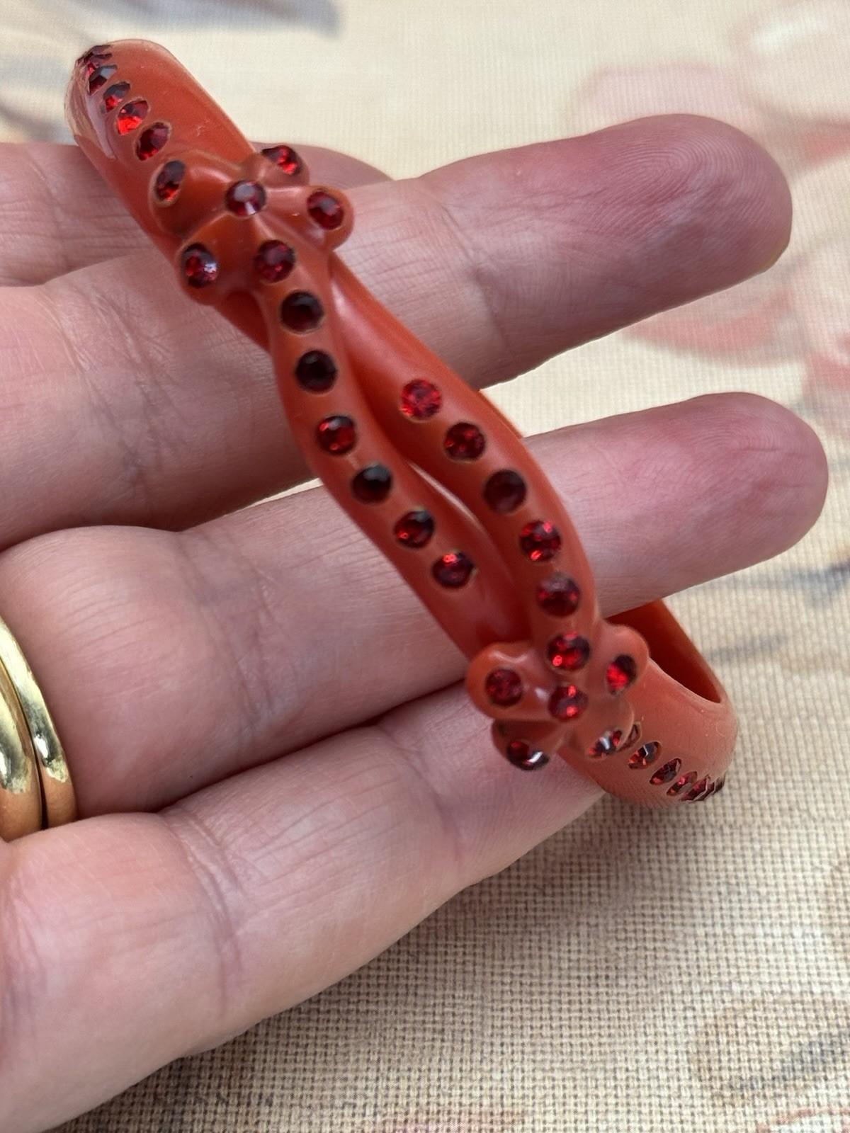 Vintage Red Celluloid Rhinestone Bangle Bracelet – 8” Diameter, .43” Wide