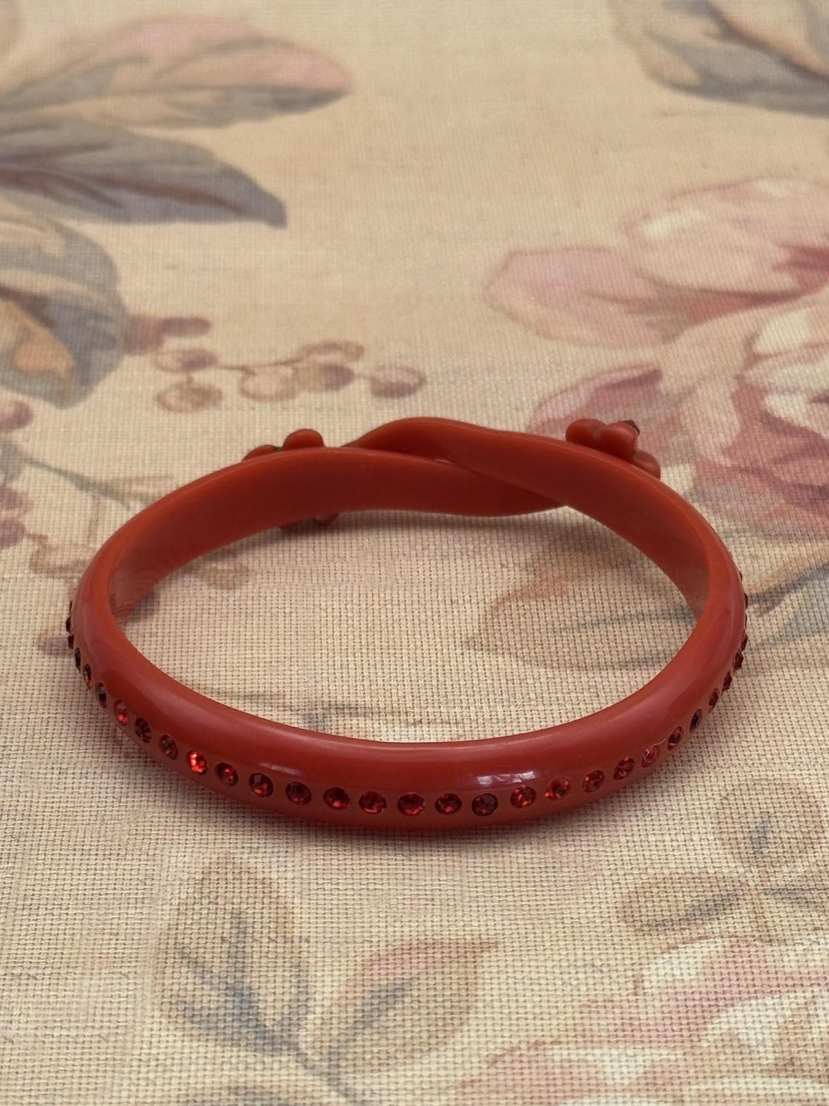 Vintage Red Celluloid Rhinestone Bangle Bracelet – 8” Diameter, .43” Wide