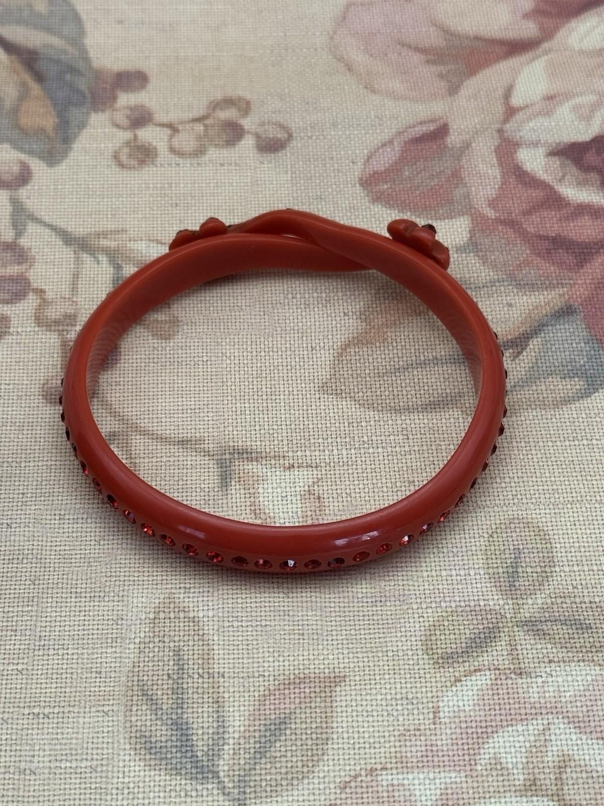Vintage Red Celluloid Rhinestone Bangle Bracelet – 8” Diameter, .43” Wide