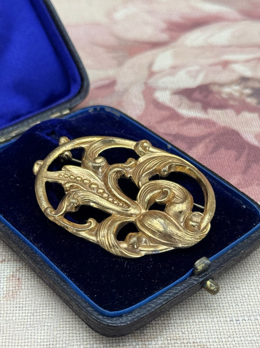 Antique Art Nouveau Gilt Brass Openwork Floral Brooch c.1900
