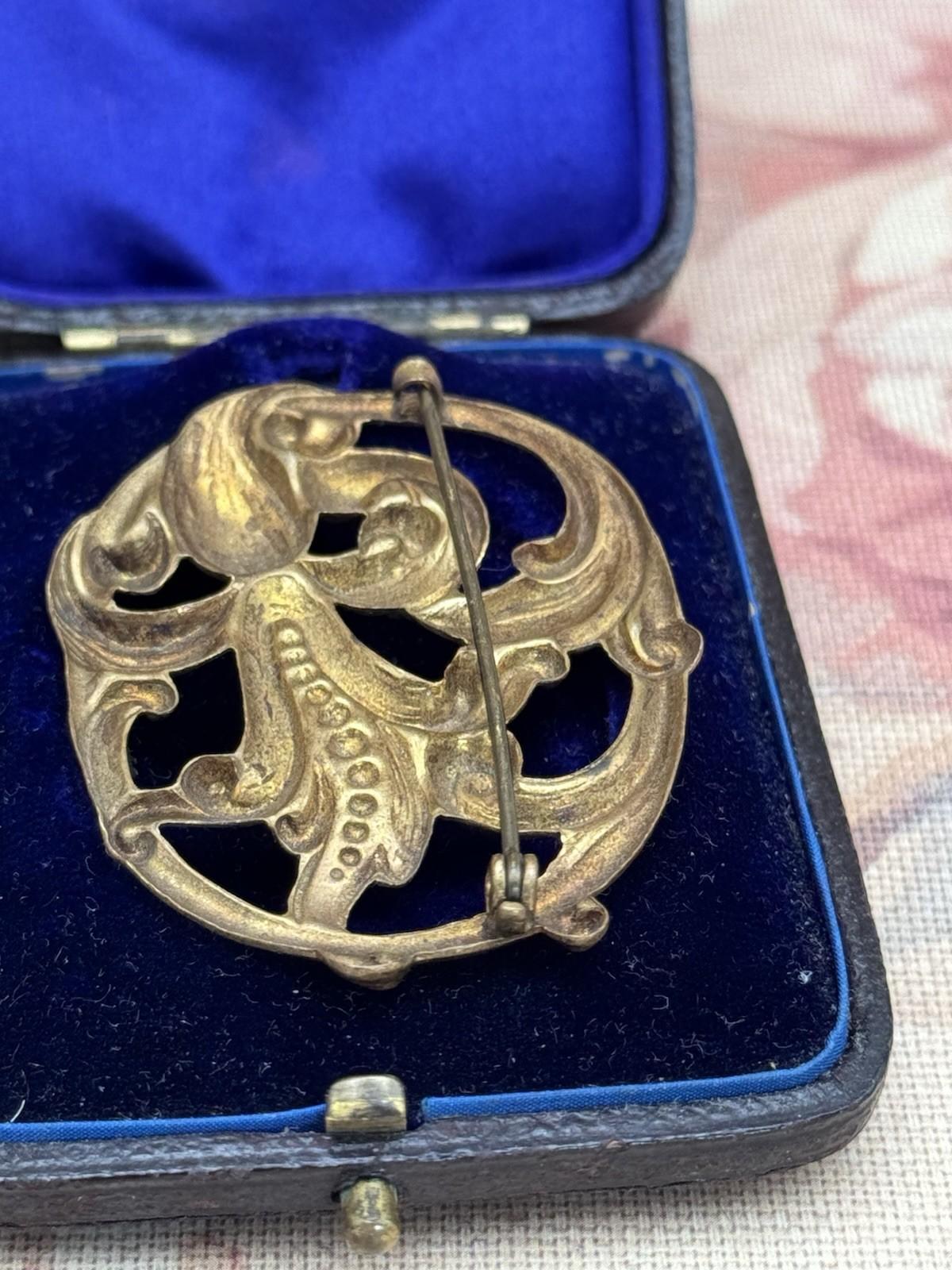 Antique Art Nouveau Gilt Brass Openwork Floral Brooch c.1900