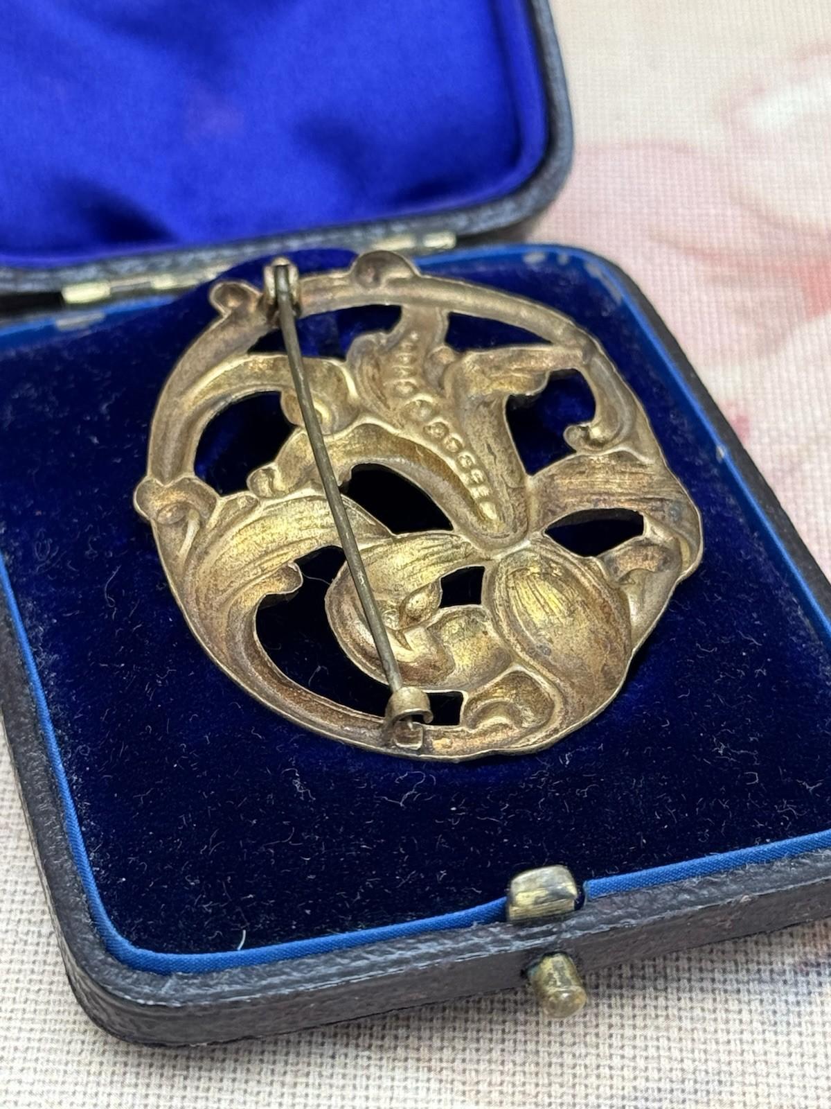 Antique Art Nouveau Gilt Brass Openwork Floral Brooch c.1900