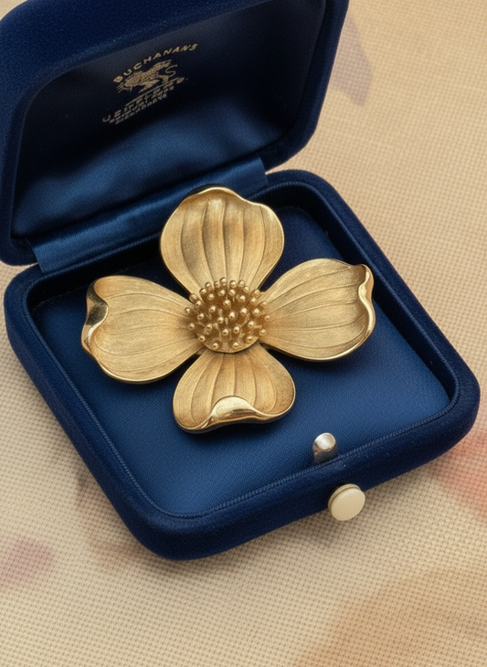 Vintage Signed Trifari Gold Tone Dogwood Flower Brooch