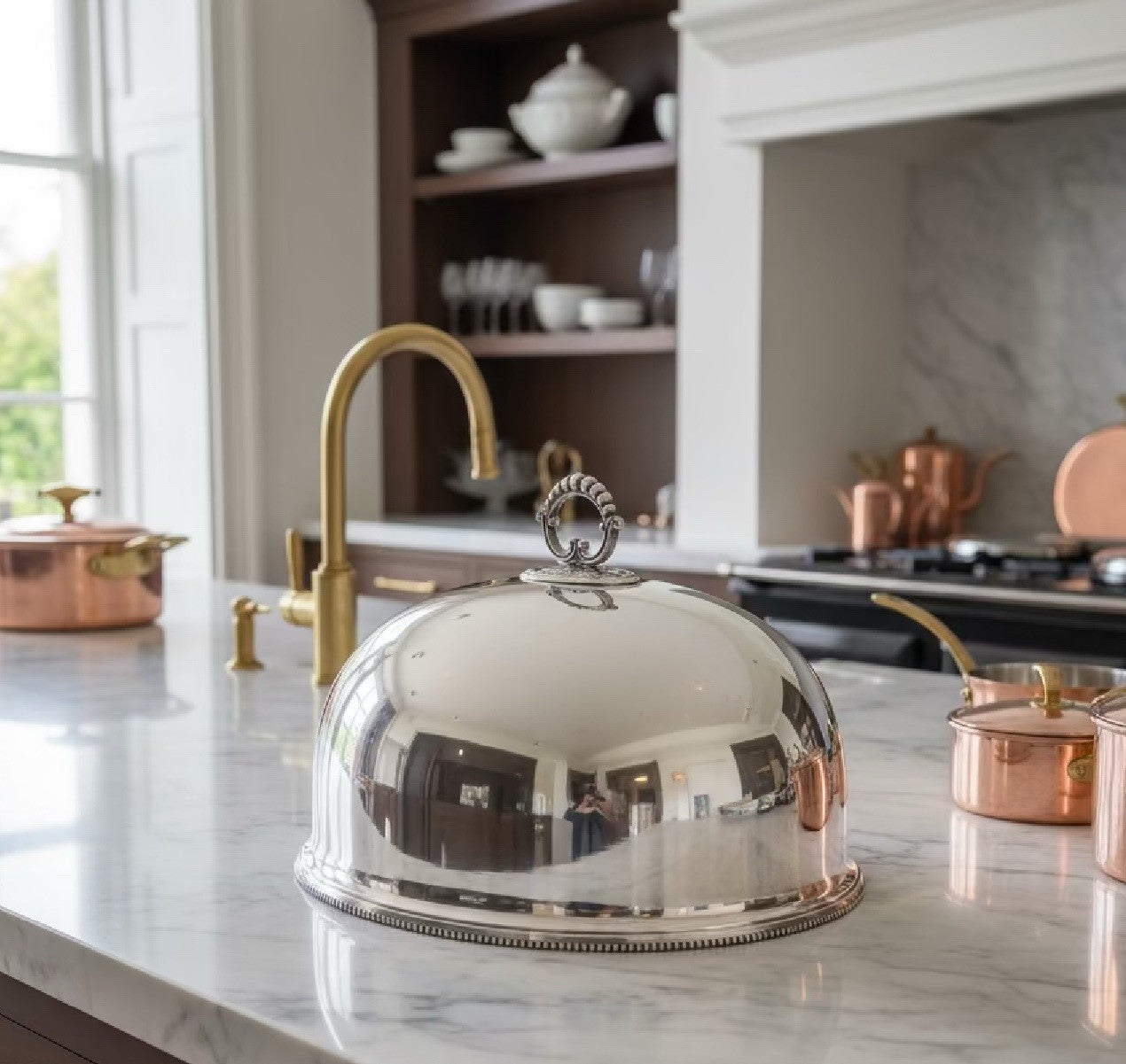 Large Antique Silverplate Poultry Meat Dome w/ Removable Handle 18” Mono