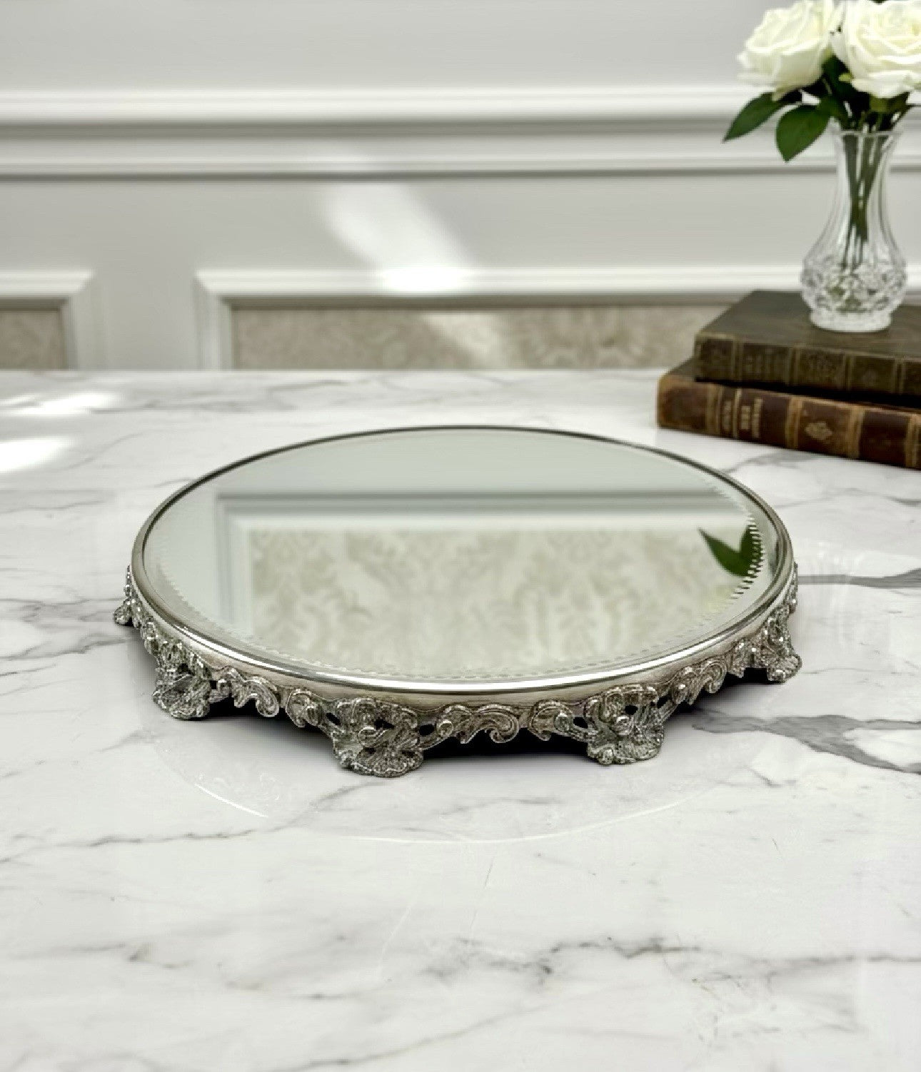 Antique Silverplate Mirror Plateau Ornate Floral Base Art Nouveau Style 12”d