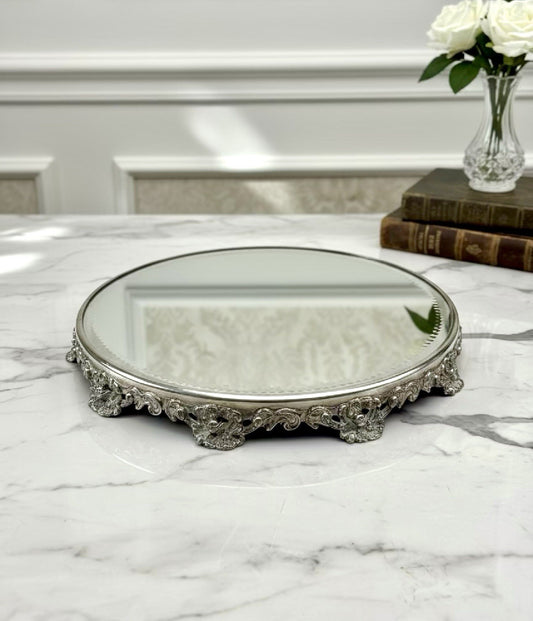 Antique Silverplate Mirror Plateau Ornate Floral Base Art Nouveau Style 12”d