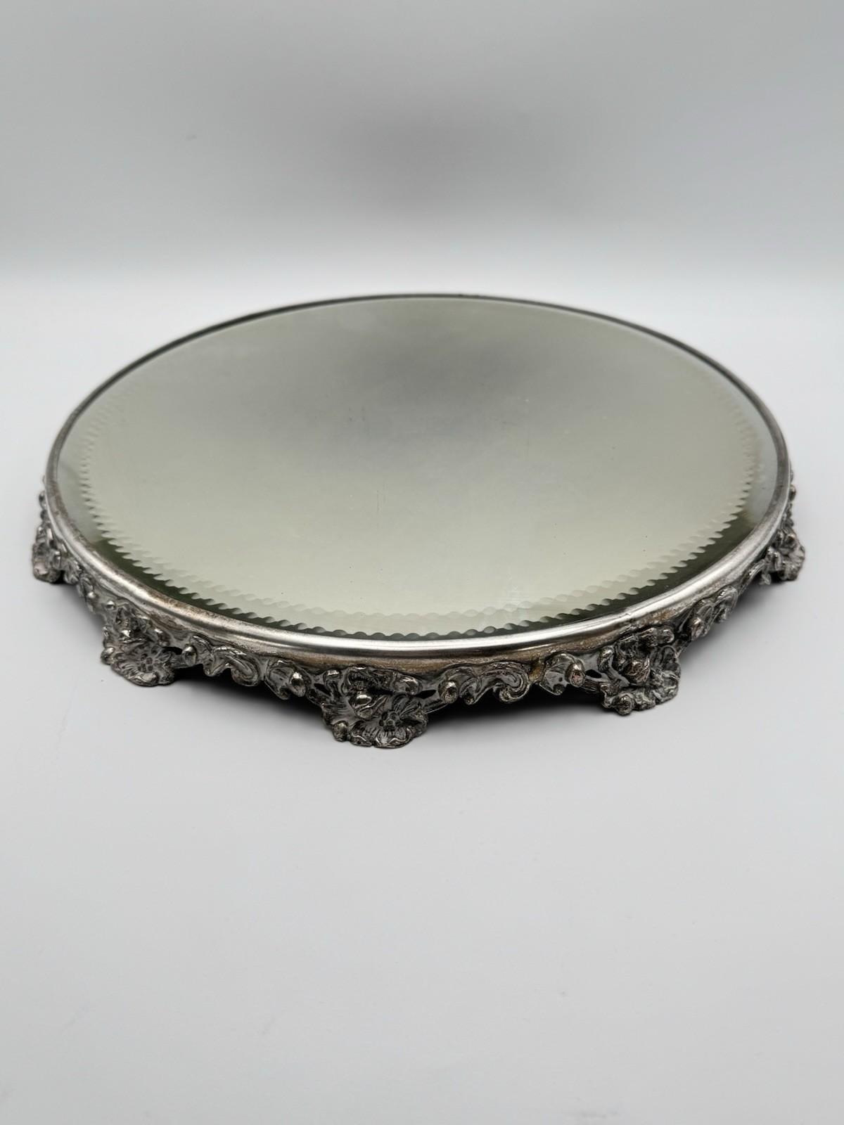 Antique Silverplate Mirror Plateau Ornate Floral Base Art Nouveau Style 12”d