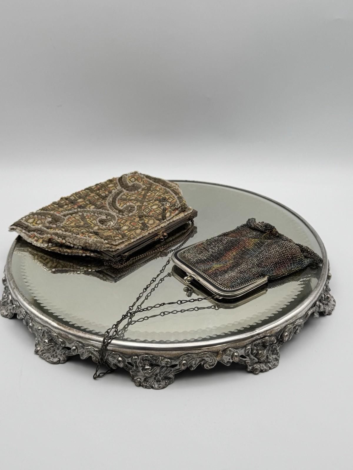 Antique Silverplate Mirror Plateau Ornate Floral Base Art Nouveau Style 12”d