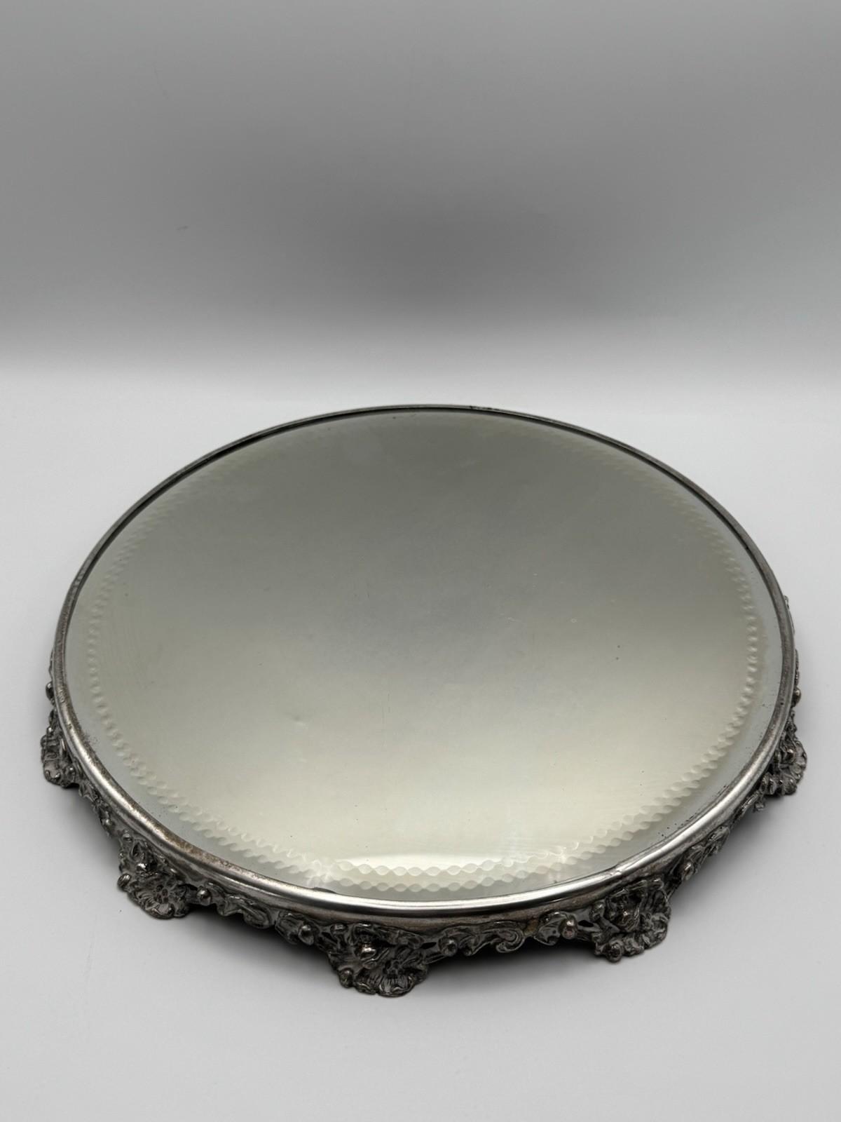 Antique Silverplate Mirror Plateau Ornate Floral Base Art Nouveau Style 12”d