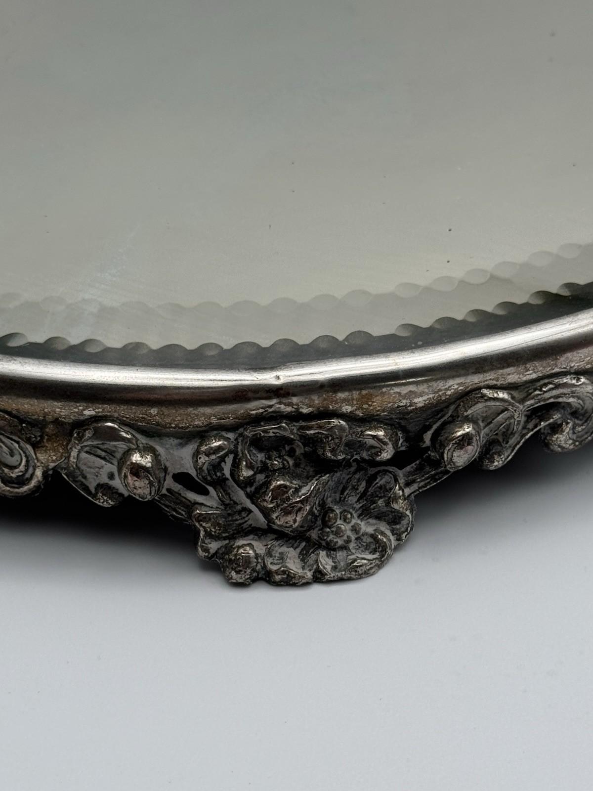 Antique Silverplate Mirror Plateau Ornate Floral Base Art Nouveau Style 12”d