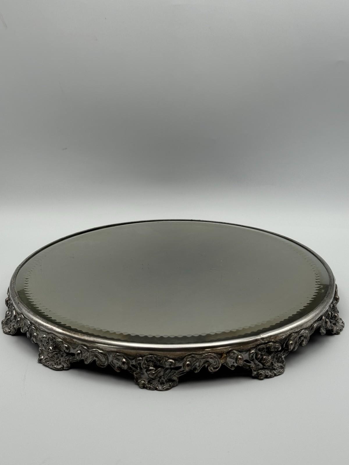 Antique Silverplate Mirror Plateau Ornate Floral Base Art Nouveau Style 12”d