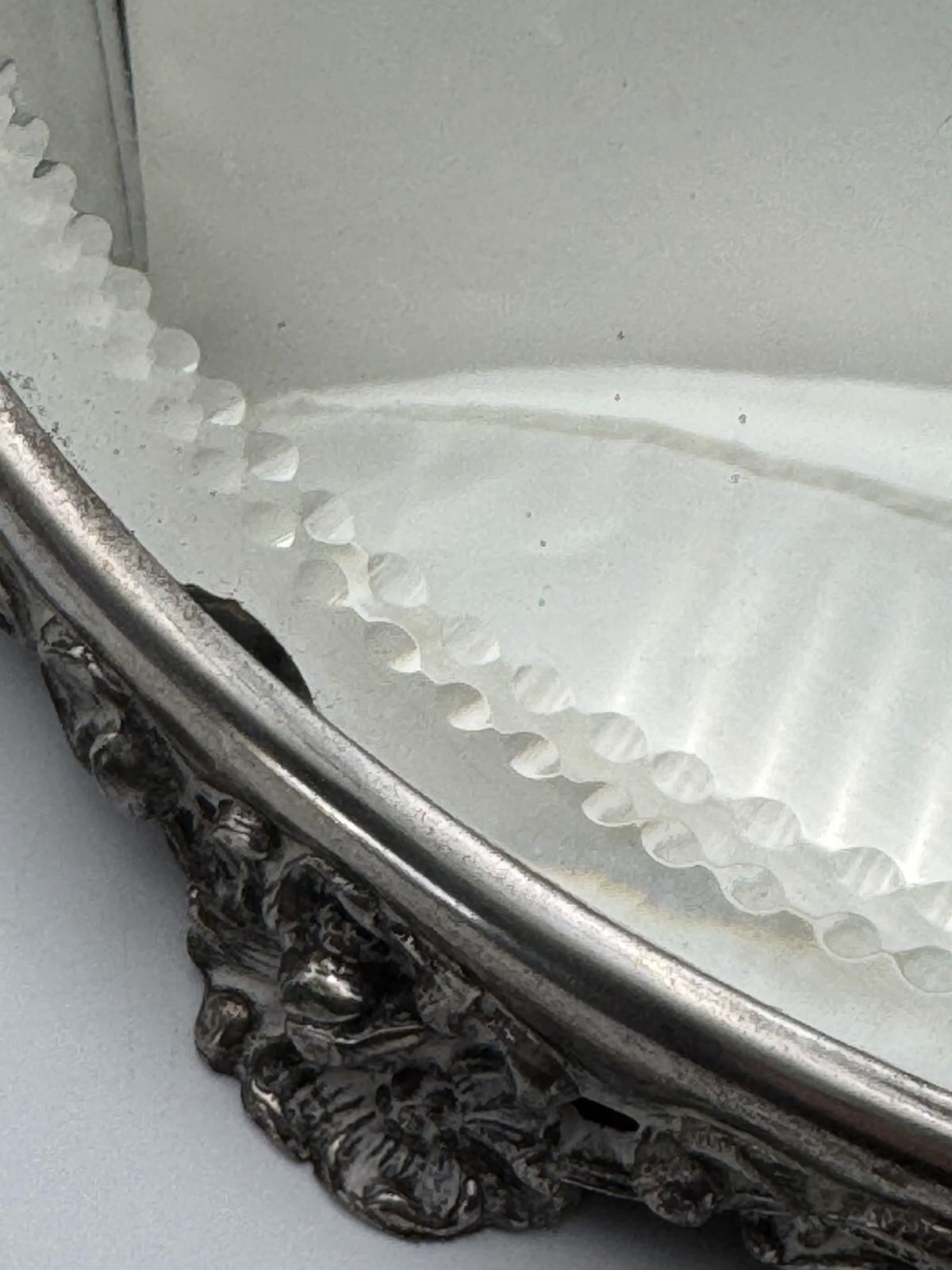 Antique Silverplate Mirror Plateau Ornate Floral Base Art Nouveau Style 12”d