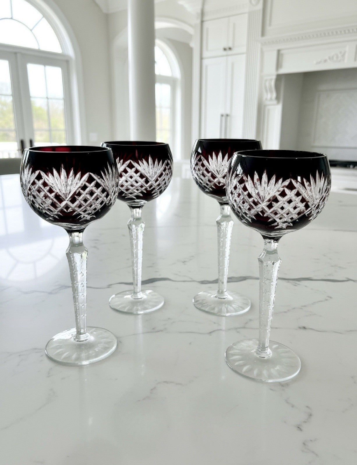 4 Vintage Bohemian STYLEV Ruby Cut-to-Clear Crystal Goblets – 8.5” Tall