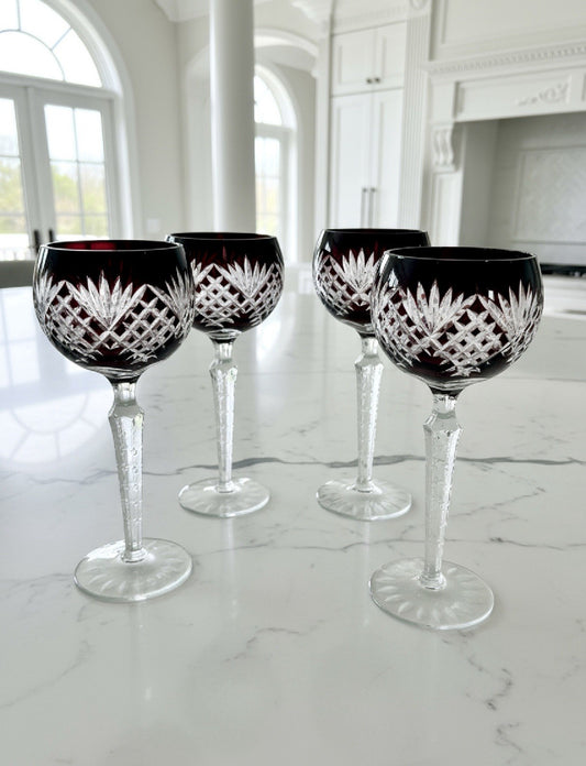 4 Vintage Bohemian STYLEV Ruby Cut-to-Clear Crystal Goblets – 8.5” Tall