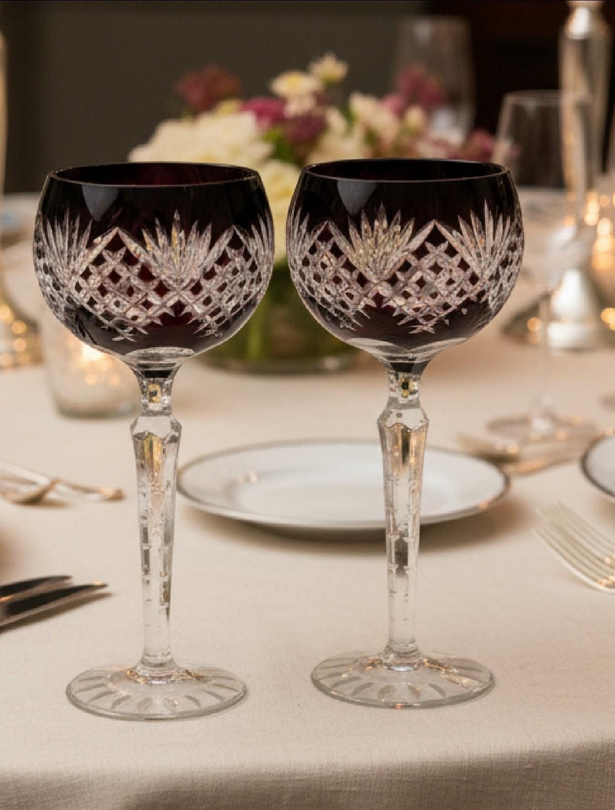 4 Vintage Bohemian STYLEV Ruby Cut-to-Clear Crystal Goblets – 8.5” Tall