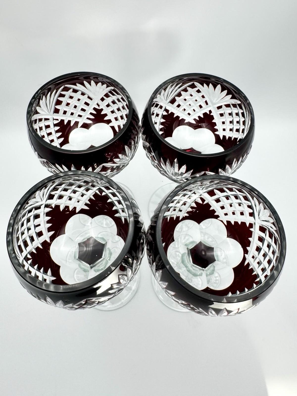 4 Vintage Bohemian STYLEV Ruby Cut-to-Clear Crystal Goblets – 8.5” Tall