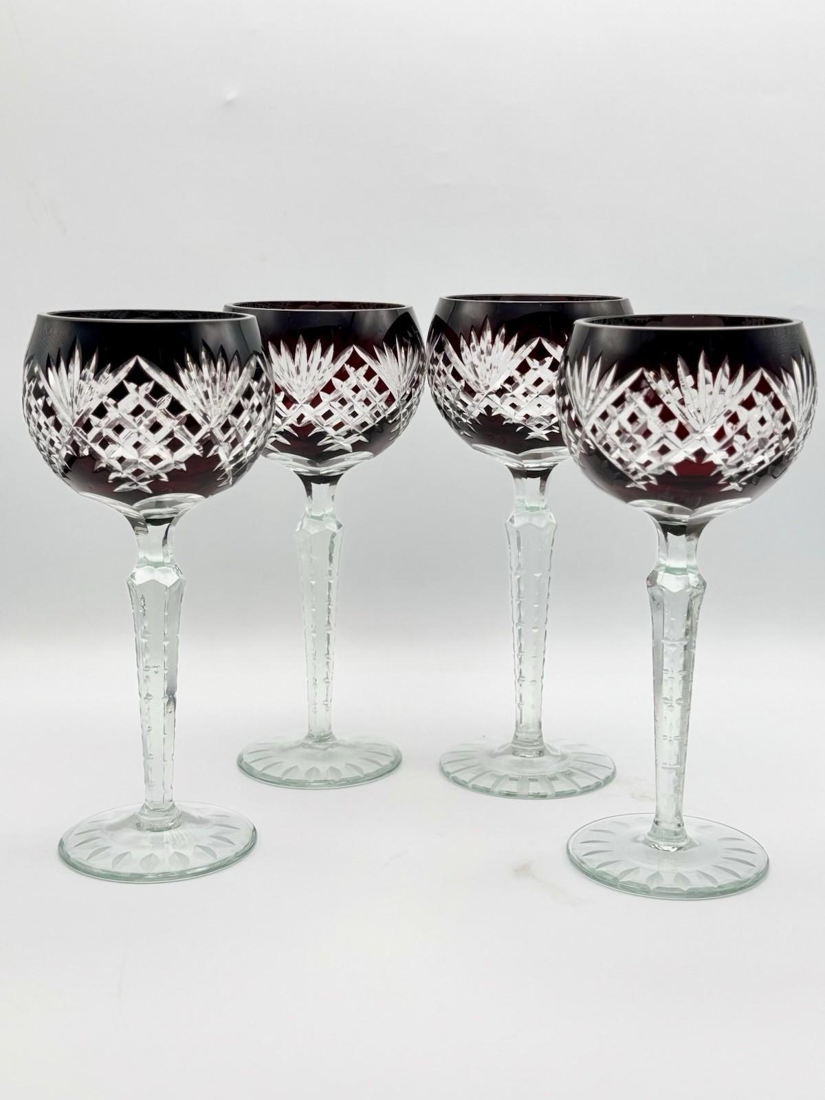 4 Vintage Bohemian STYLEV Ruby Cut-to-Clear Crystal Goblets – 8.5” Tall