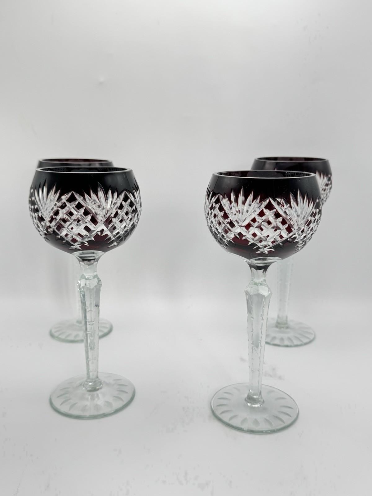 4 Vintage Bohemian STYLEV Ruby Cut-to-Clear Crystal Goblets – 8.5” Tall