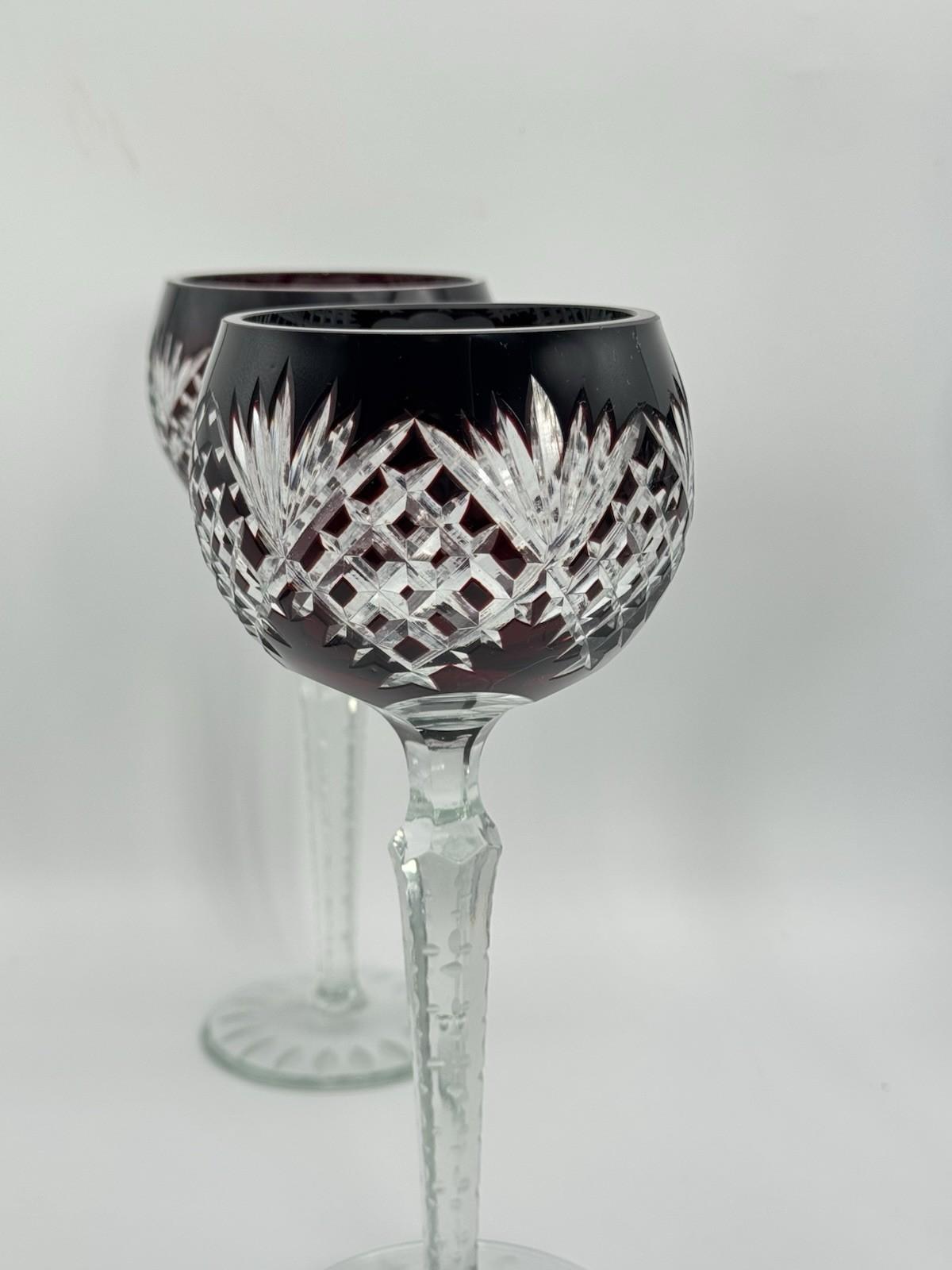 4 Vintage Bohemian STYLEV Ruby Cut-to-Clear Crystal Goblets – 8.5” Tall