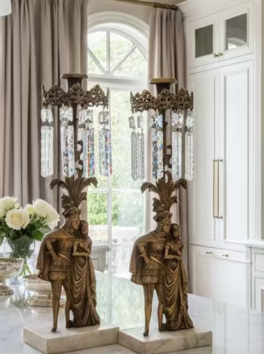 Pair of Antique Figural Mantle Lusters with Crystal Prisms – Marble Base, 15.5”