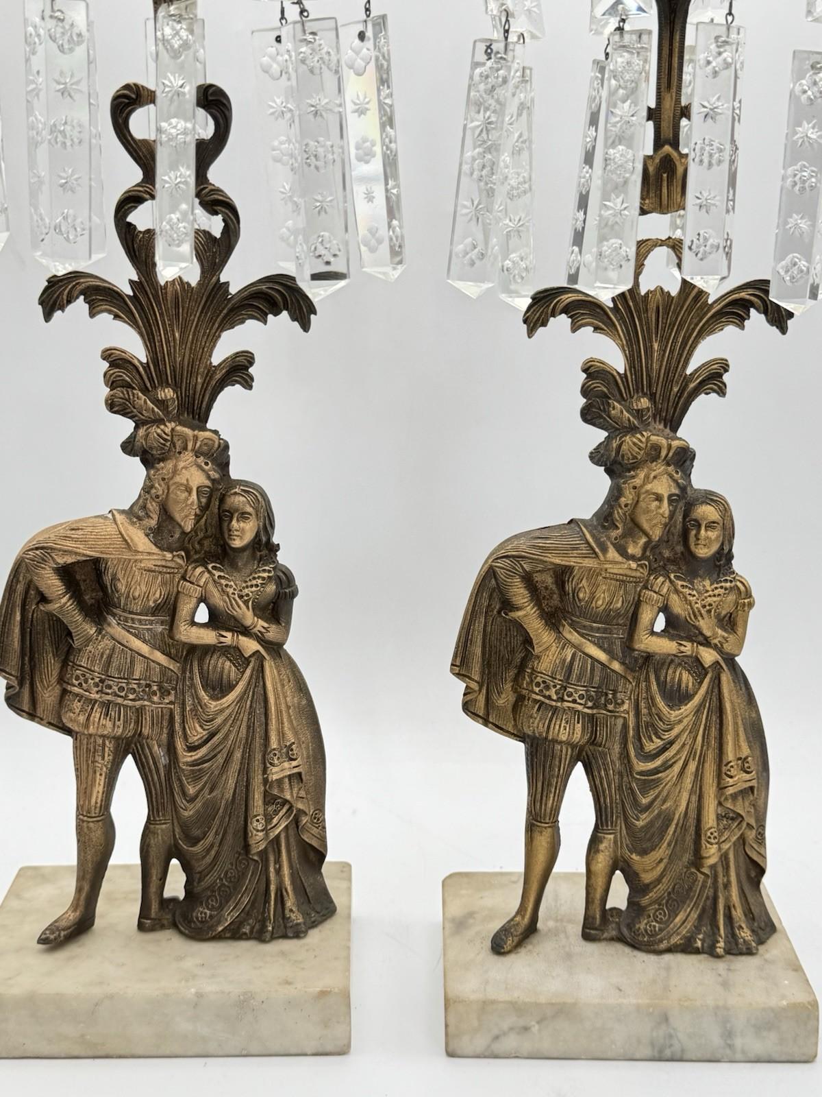 Pair of Antique Figural Mantle Lusters with Crystal Prisms – Marble Base, 15.5”