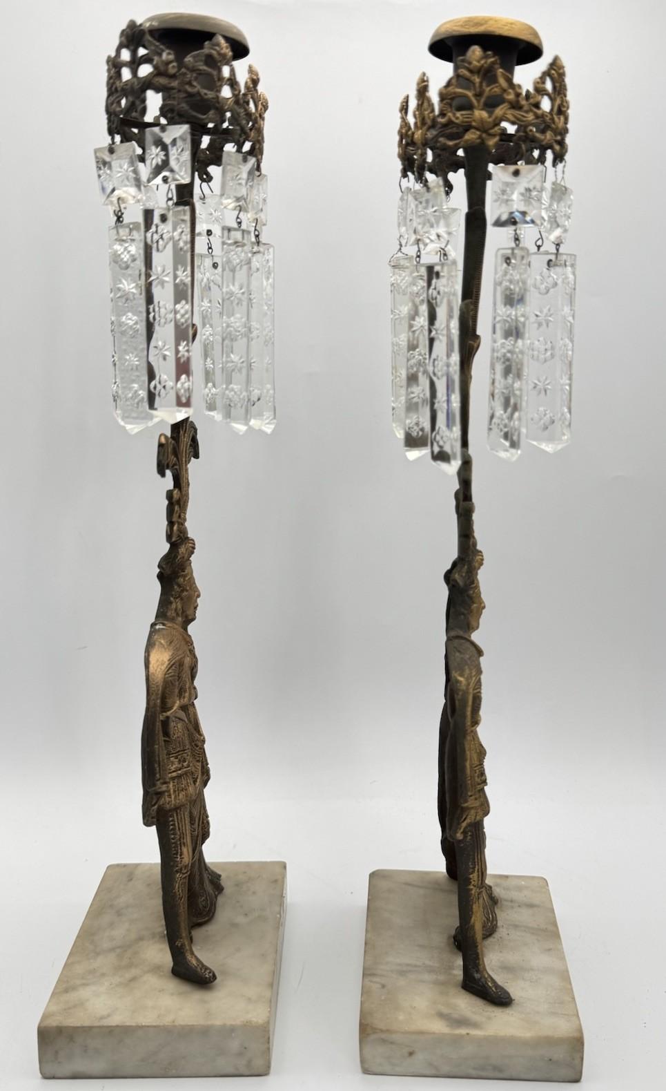 Pair of Antique Figural Mantle Lusters with Crystal Prisms – Marble Base, 15.5”