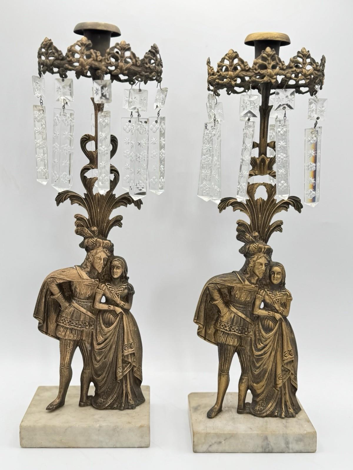 Pair of Antique Figural Mantle Lusters with Crystal Prisms – Marble Base, 15.5”